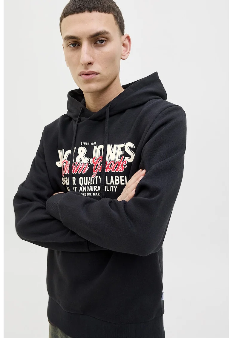 Hanorac din amestec de bumbac organic cu logo, Alb/Negru/Coral