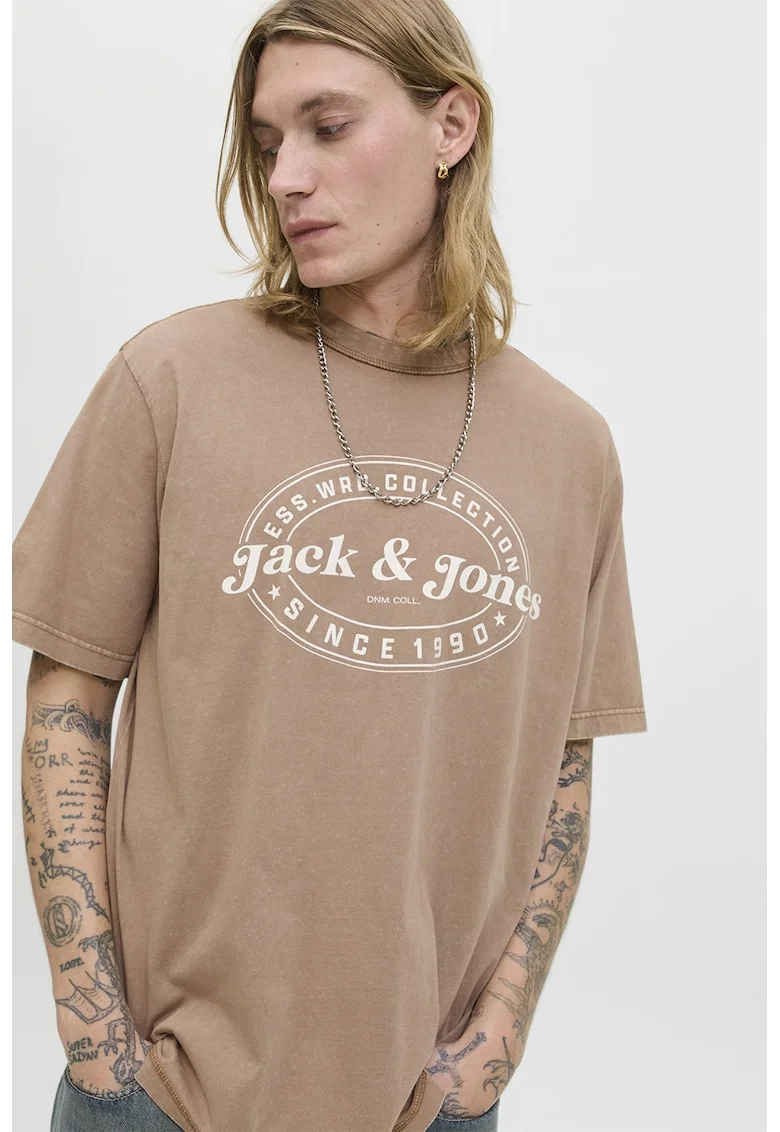 Tricou cu imprimeu si maneci cazute, Alb/Maro taupe
