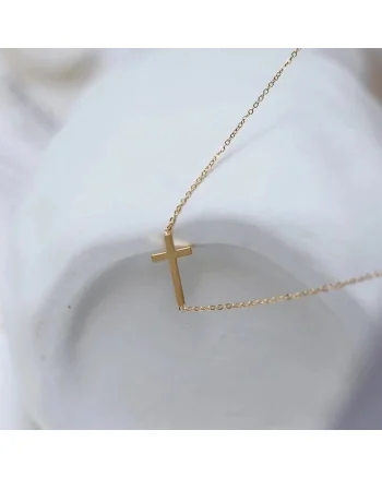 Colier auriu, din otel inoxidabil, suflat cu aur 18k, cu cruciulita delicata, Henki C3