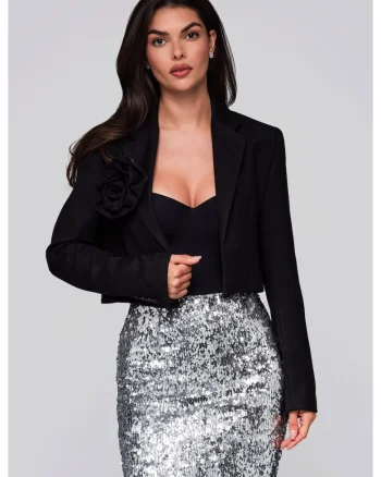 Sacou scurt elegant cu floare cusuta  LW-BLZB-0100, Negru