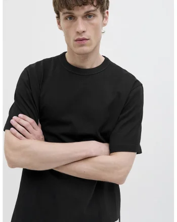 Tricou de bumbac cu decolteu la baza gatului, Negru