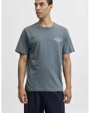 Tricou de bumbac cu imprimeu si decolteu la baza gatului, Gri carbune