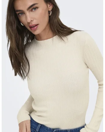 Pulover slim fit cu decolteu la baza gatului, Bej
