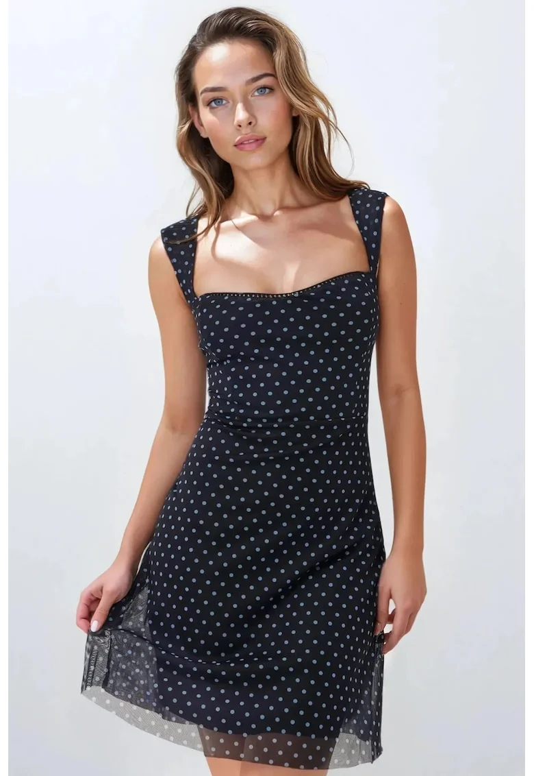 Rochie mini,  tul cu imprimeu, guler inima, albastra
