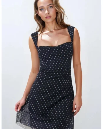 Rochie mini,  tul cu imprimeu, guler inima, albastra
