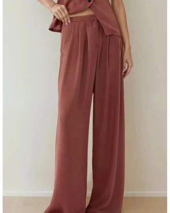 Pantaloni dama,  palazzo, plisati, culoare maro, material textil
