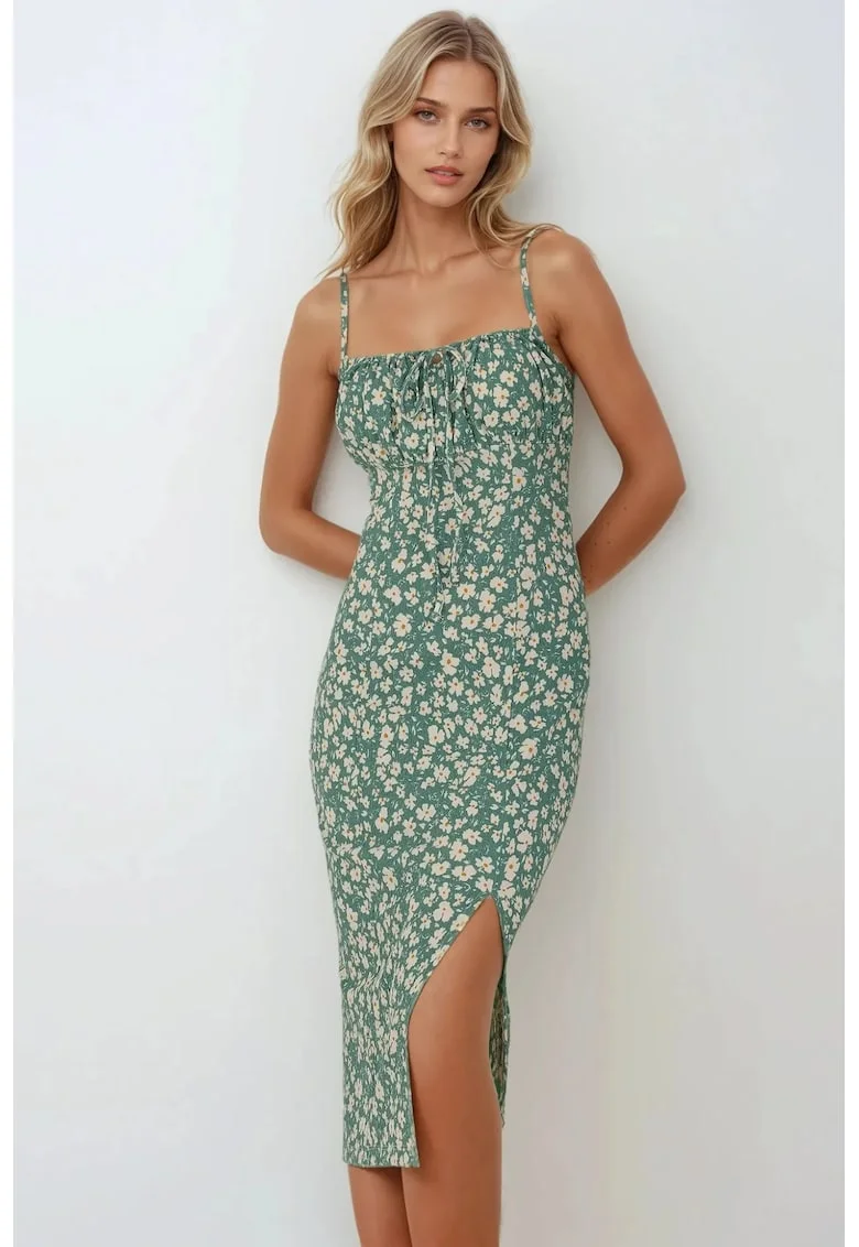 Rochie midi mulata cu imprimeu floral, Verde