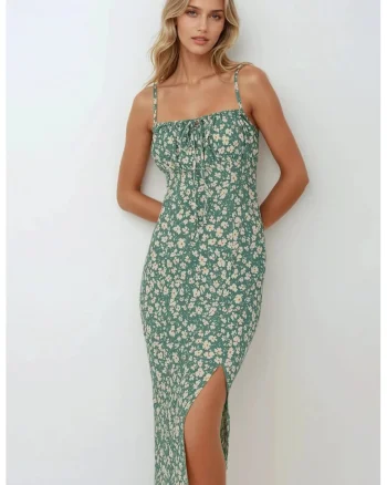 Rochie midi mulata cu imprimeu floral, Verde