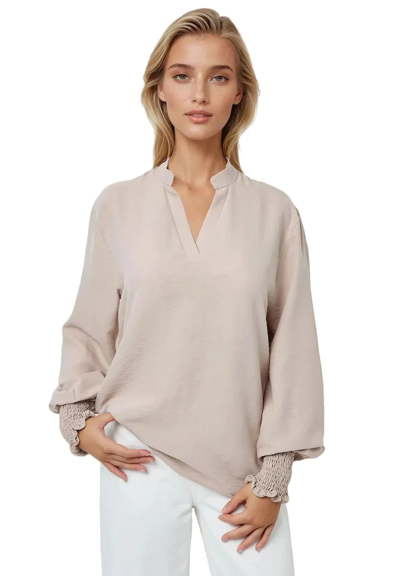 Bluze dama,  bluza cu maneca lunga, decolteu in V, bej, bumbac