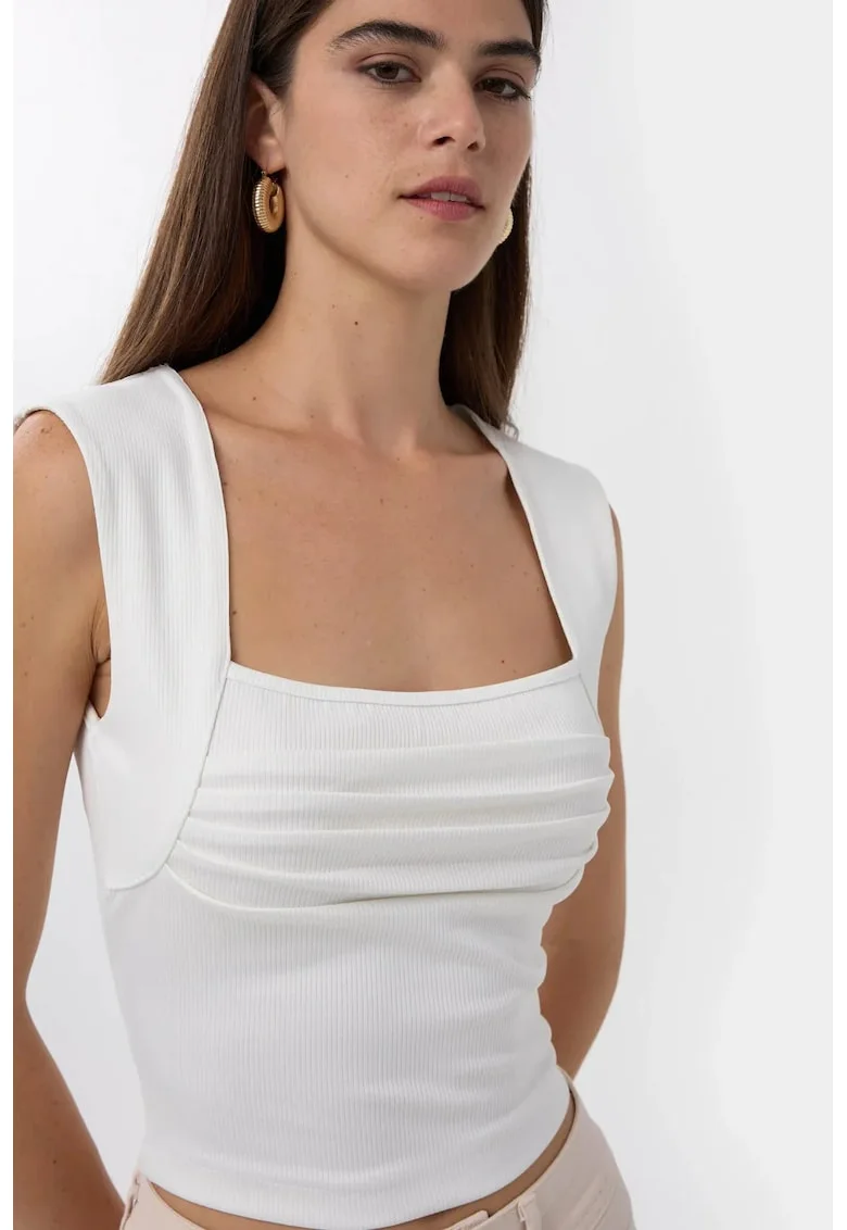 Bluza dama,  decolteu patrat, pliuri, alb, poliester