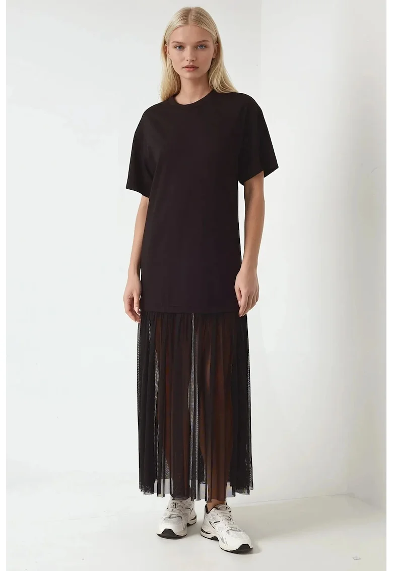 Rochie midi,  cu fusta din tul, confortabila, neagra, din jerseu