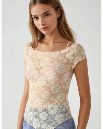 Top scurt dama,  dantela florala, slim fit, bej, jerseu