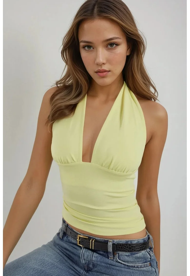 Top dama,  tricotat slim fit, decolteu in V, galben, jerseu