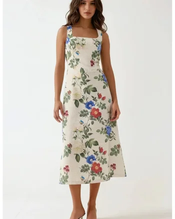 Rochie maxi,  imprimeu floral, multicolor, material textil