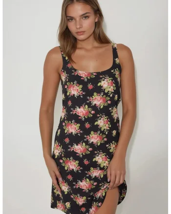 Rochie mini,  mulata cu imprimeu, negru, bumbac