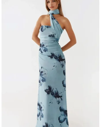Rochie maxi,  mulata, fara bretele, albastra, tul