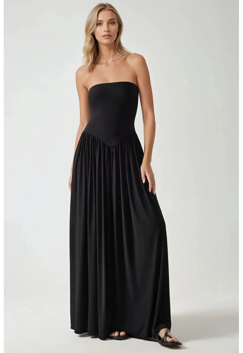 Rochie maxi  fara bretele, neagra, jerseu, cu buzunare ascunse