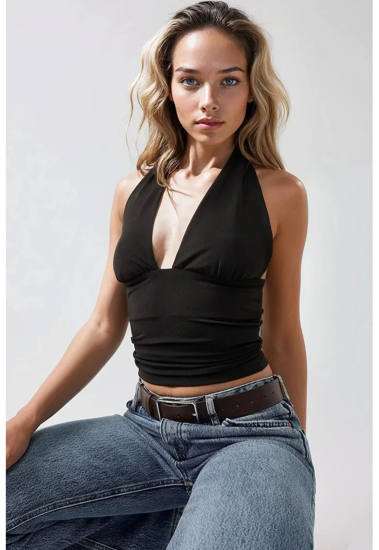 Top dama,  tricotat slim fit, decolteu in V, negru, jerseu