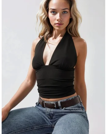 Top dama,  tricotat slim fit, decolteu in V, negru, jerseu