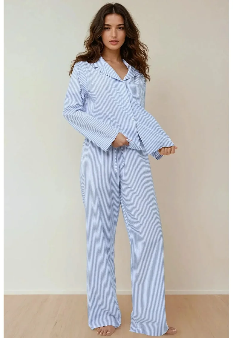 Set pijamale  bumbac cu dungi, albastru, maneci lungi, guler clasic