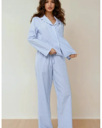 Set pijamale  bumbac cu dungi, albastru, maneci lungi, guler clasic