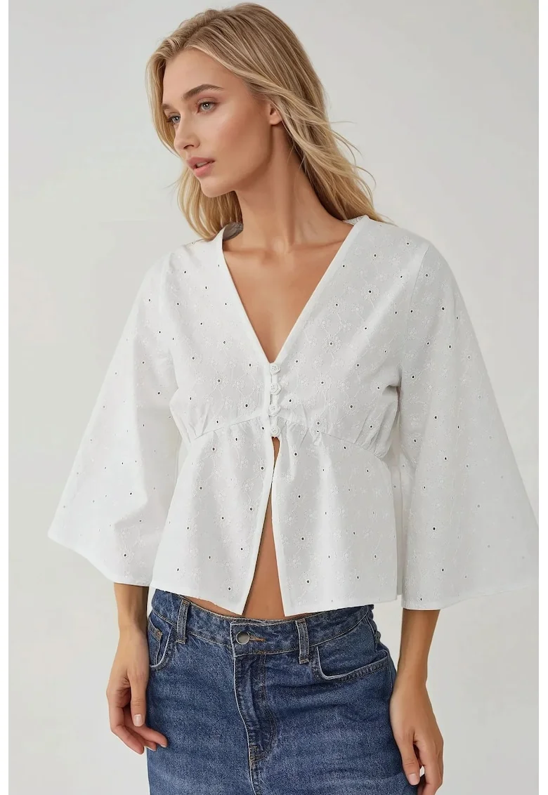 Bluza dama,  scurta texturata, decolteu in V, alb, textil