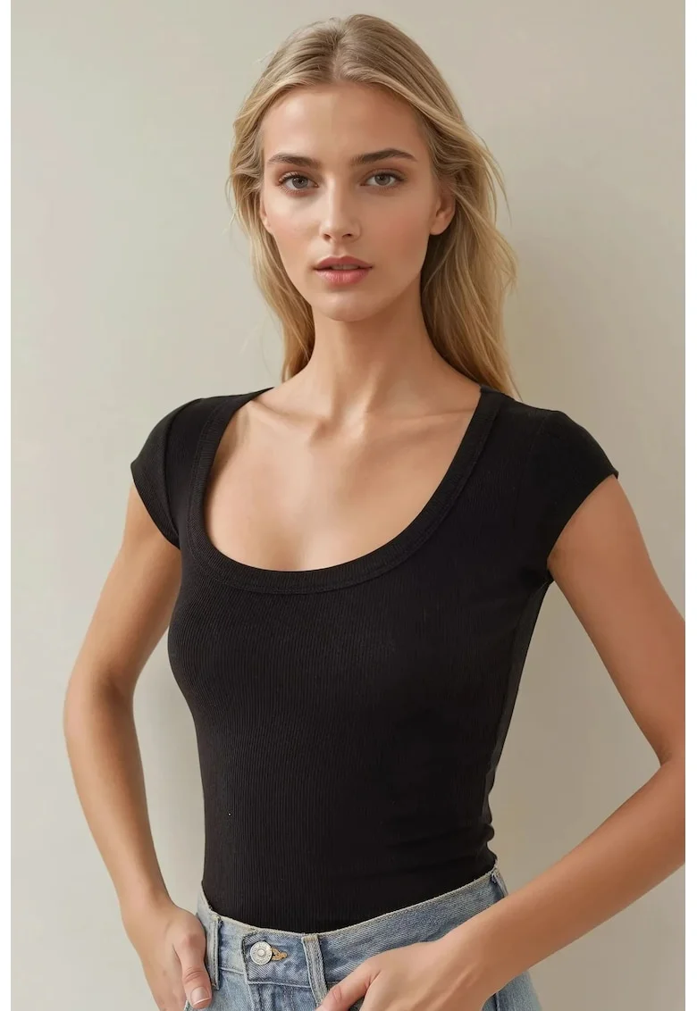Tricou dama,  bumbac/elastan/modal, slim fit, negru