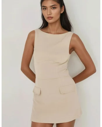 Rochie mini mulata cu pantaloni scurti,  bej, material textil