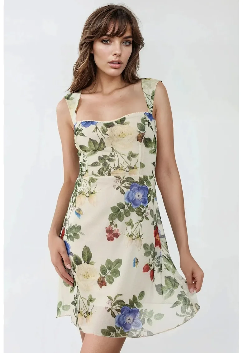 Rochie mini,  tul cu imprimeu, decolteu inima, bej