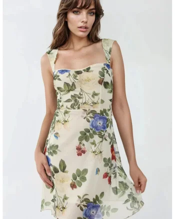Rochie mini,  tul cu imprimeu, decolteu inima, bej