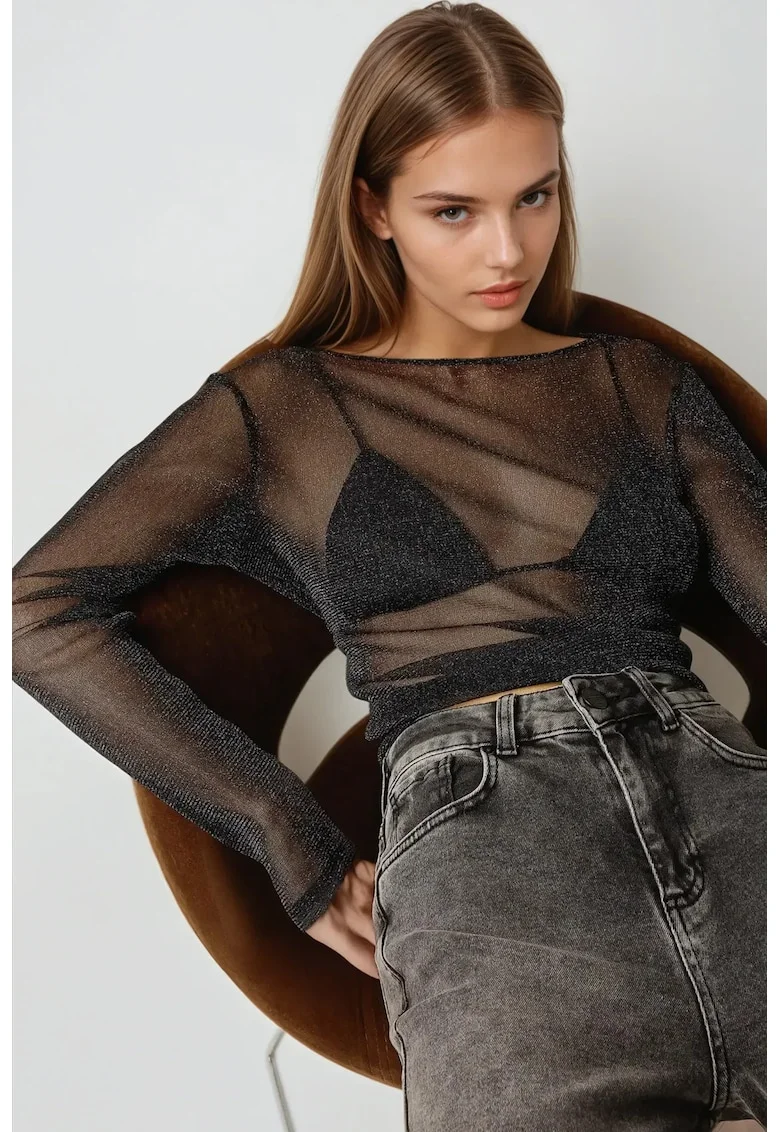 Bluza transparenta cu maneci lungi  slim fit, neagra, Negru