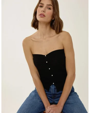 Top tricotat fara bretele,  slim fit, negru, acril