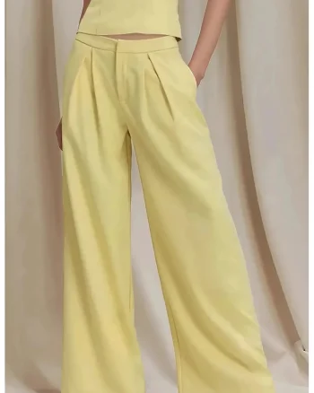 Pantaloni dama,  plisati, croi larg, galben, textil