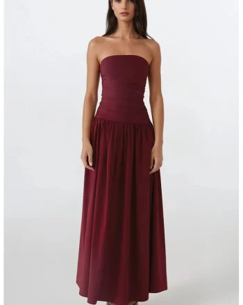 Rochie maxi  fara bretele, volan, rosu, textil