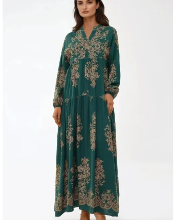 Rochie maxi,  maneca lunga, verde, viscoza