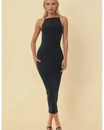 Rochie midi,  guler halter, jerseu, negru