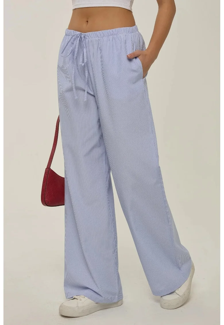 Pantaloni dama,  din bumbac cu dungi, talie elastica, albastru