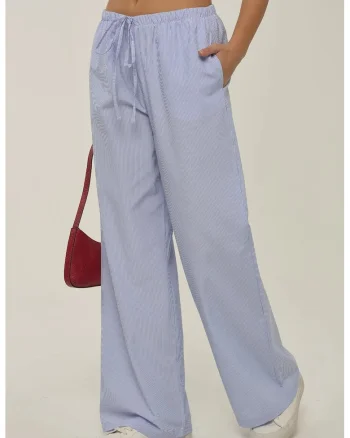 Pantaloni dama,  din bumbac cu dungi, talie elastica, albastru
