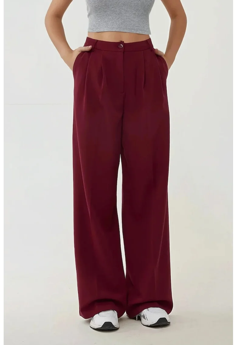 Pantaloni dama,  palazzo, talie inalta, rosu, bumbac