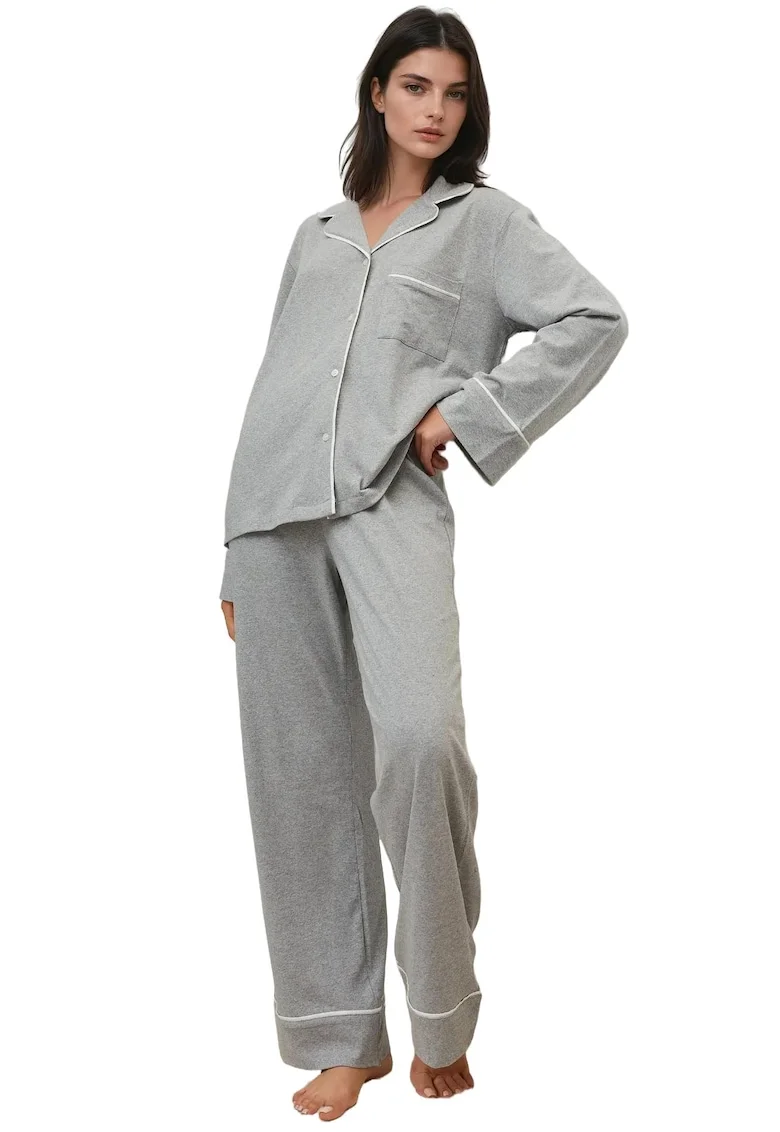 Set pijamale dama,  bumbac/jerseu, guler elegant, gri