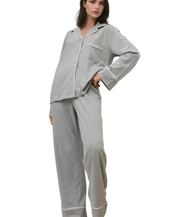Set pijamale dama,  bumbac/jerseu, guler elegant, gri