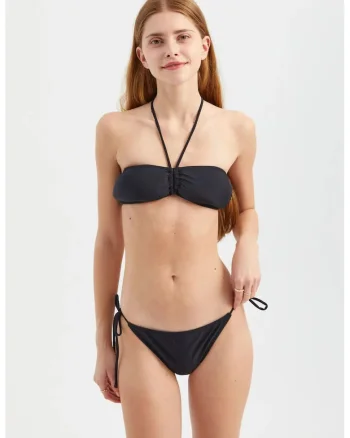 Set bikini,  bandeau, legaturi laterale, negru, textil