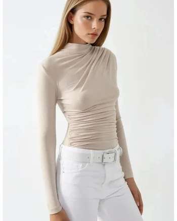 Bluza dama,  guler inalt, poliester/elastan, bej