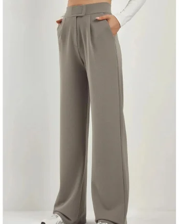 Pantaloni dama,  Palazzo din crep elastic, talie inalta, gri