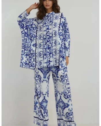 Set doua piese  model floral, talie inalta, croiala larga, albastru, textil
