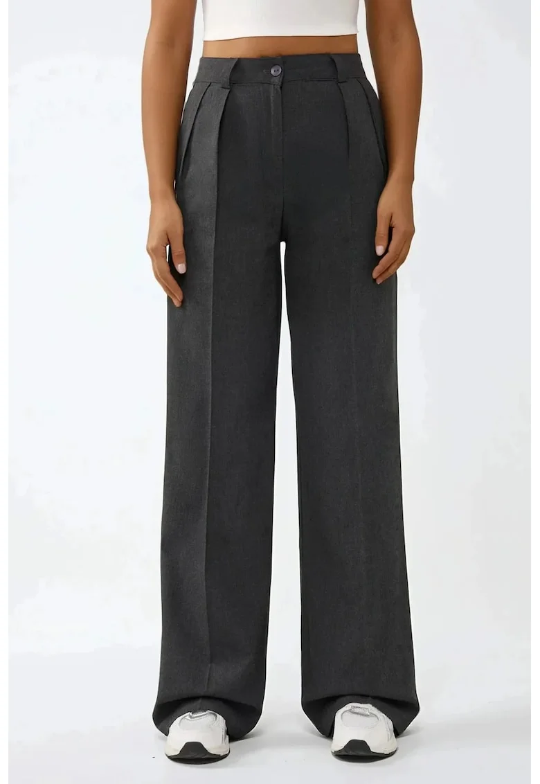 Pantaloni pentru dama,  Palazzo, cu talie inalta, croiala larga, textil, gri inchis