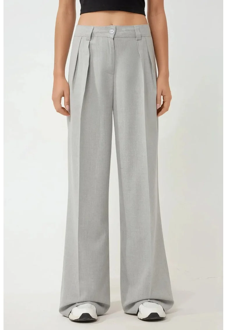 Pantaloni pentru dama,  Palazzo, cu talie inalta, textil, gri