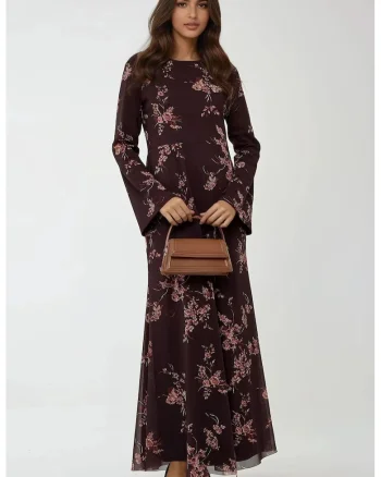 Rochie maxi,  imprimeu floral, multicolor, tul