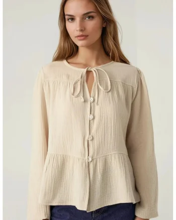 Bluza dama,  bluza din muselina, maneca lunga, bej, textil