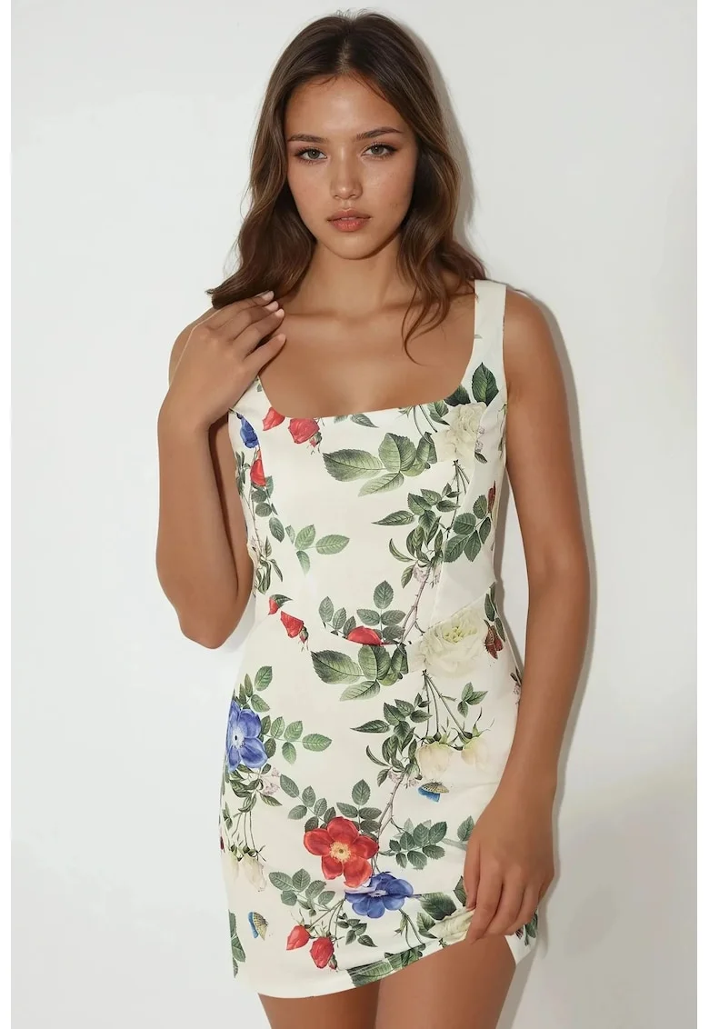 Rochie mini,  mulata, decolteu patrat, imprimeu floral, multicolor, jerseu
